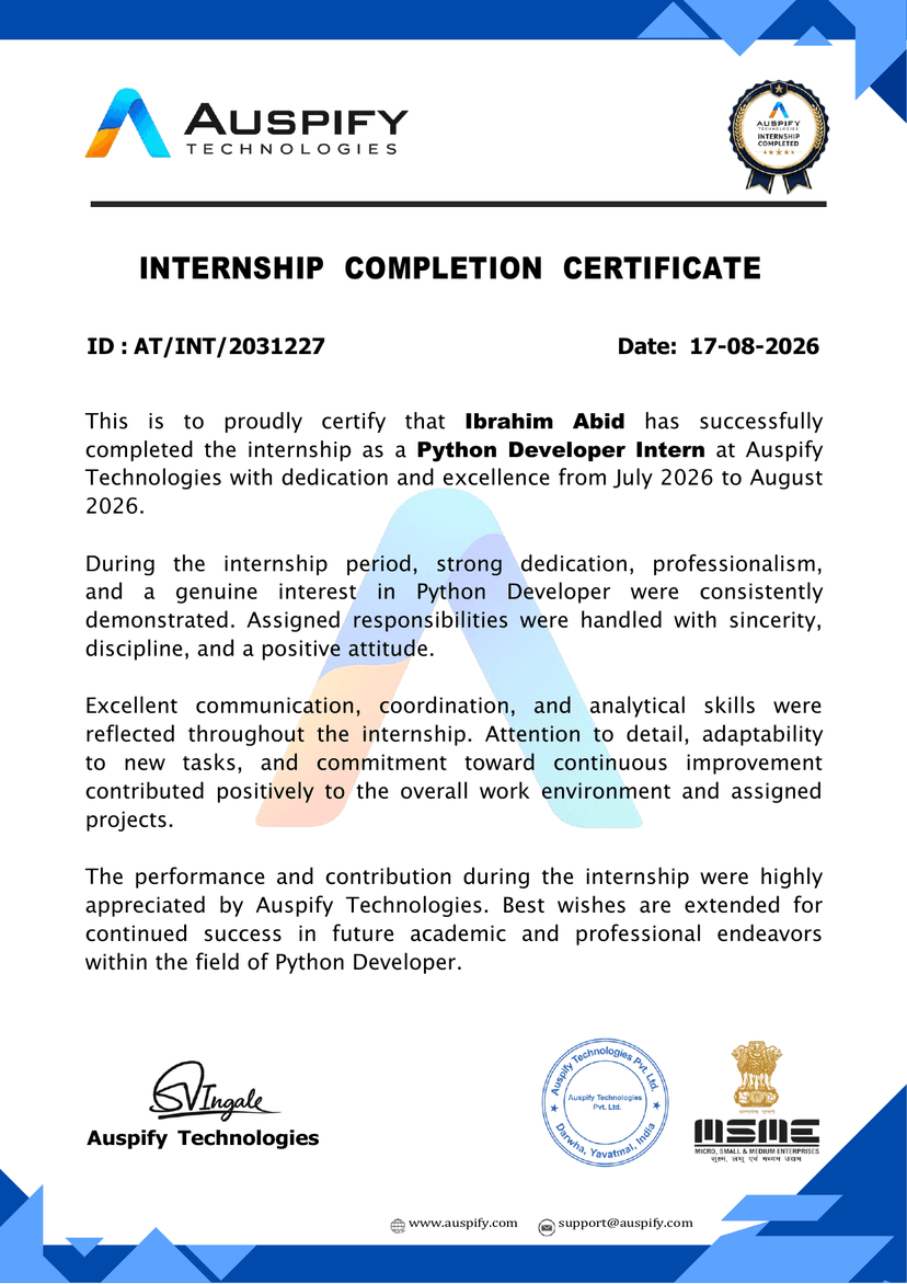 Certificate for Python Developer Intern at Auspify Technologies · Internship