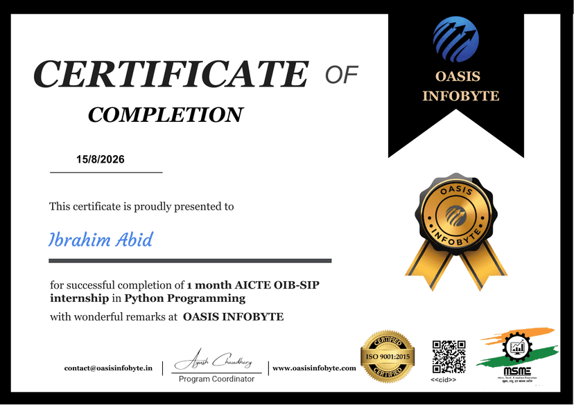 Certificate for Python Programming Intern at OASIS INFOBYTE · Internship